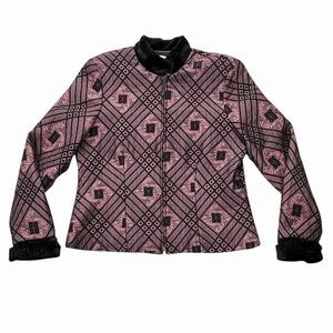 VTG Ell Jay Collection Black Purple Metallic Zip Front Blazer with Faux Fur Trim